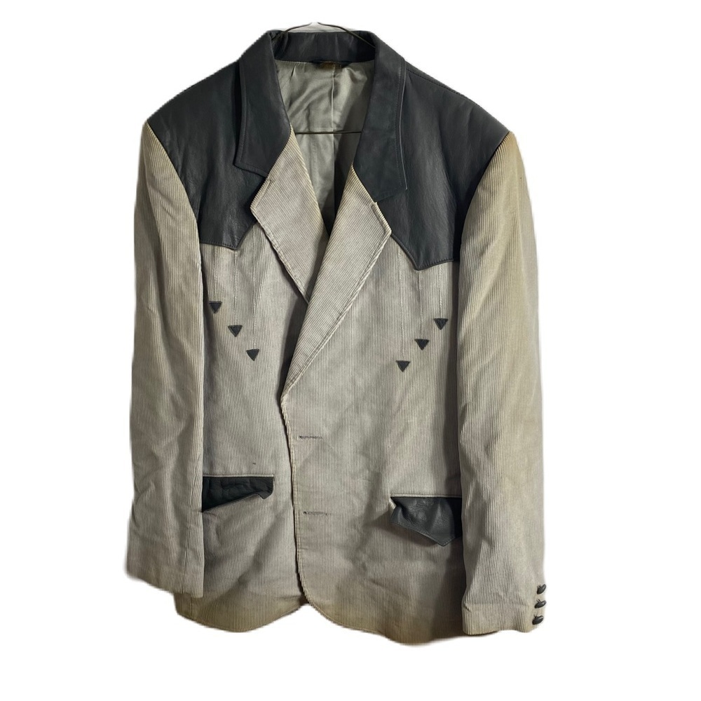 Vintage Pioneer Wear Corduroy & Leather Western Blazer Jacket 46L Gray Cowboy